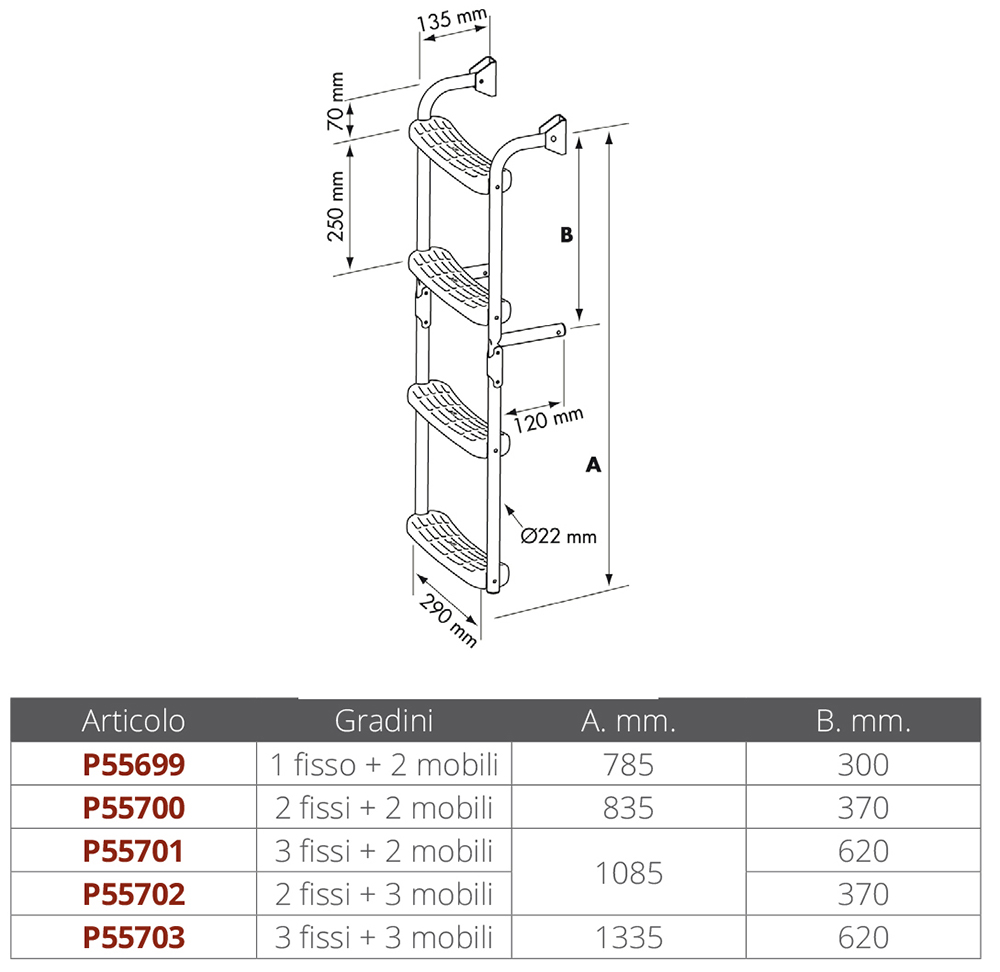 Scaletta pieghevole in alluminio con 3 gradini per gommoni 25x115cm