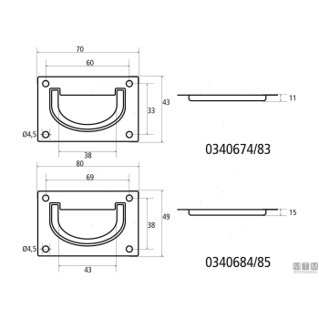Maniglia a incasso 70x43mm in ottone cromato