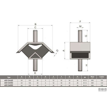 Supporto antivibrante tipo v 120kg m12